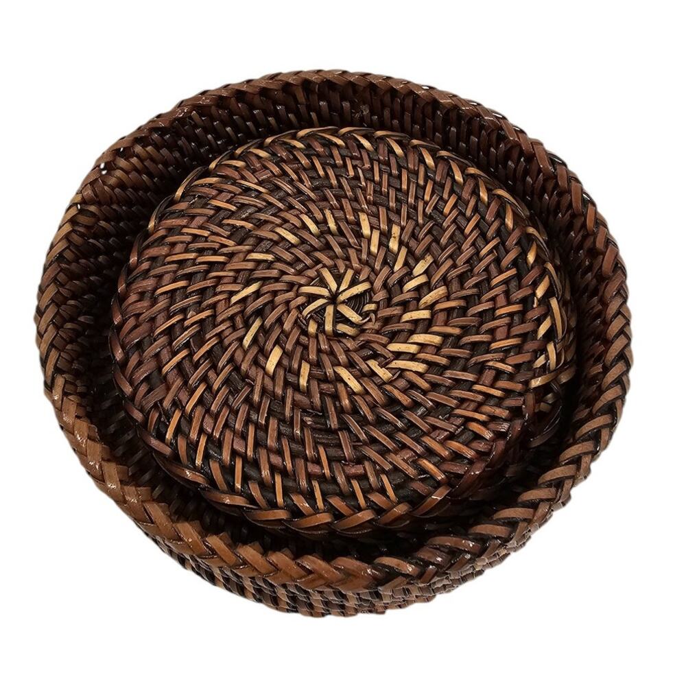 Set of 4 Vintage MCM Wicker Wooden Coasters w/ Holder Brown